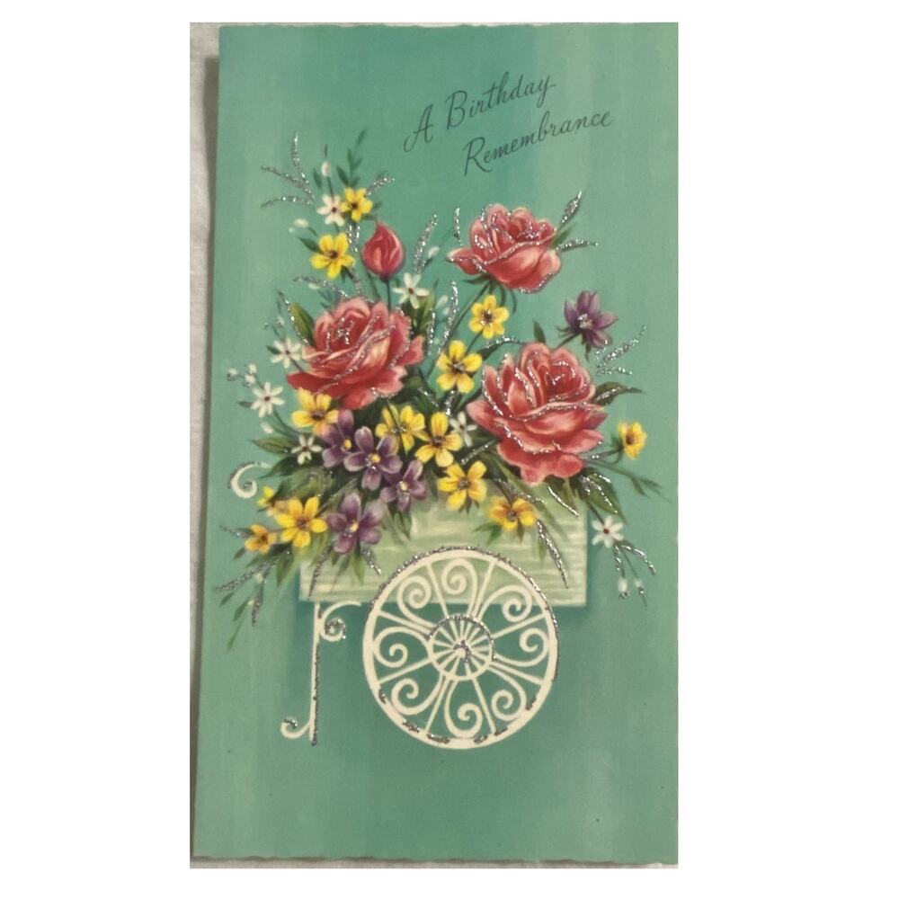 Vtg MCM Birthday Card Unused USA Union Made 1960s Retro  Flower Cart Bouquet